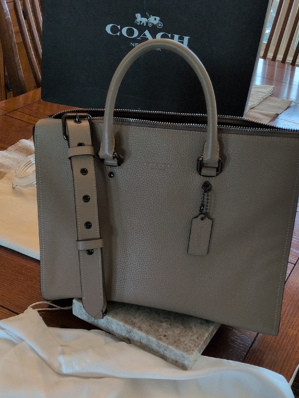 Coach Gotham Gunmetal Folio Leather Briefcase in Stone
